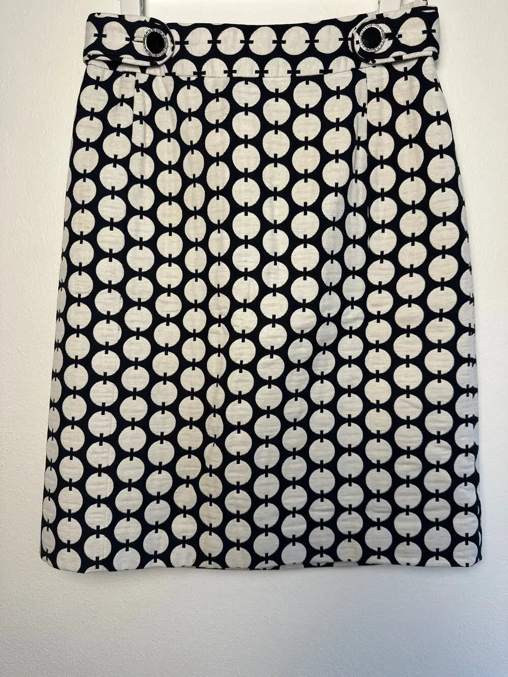 🖤 Tory Burch Retro Mod Geometric Circle Link Pencil Skirt with Branded Buttons